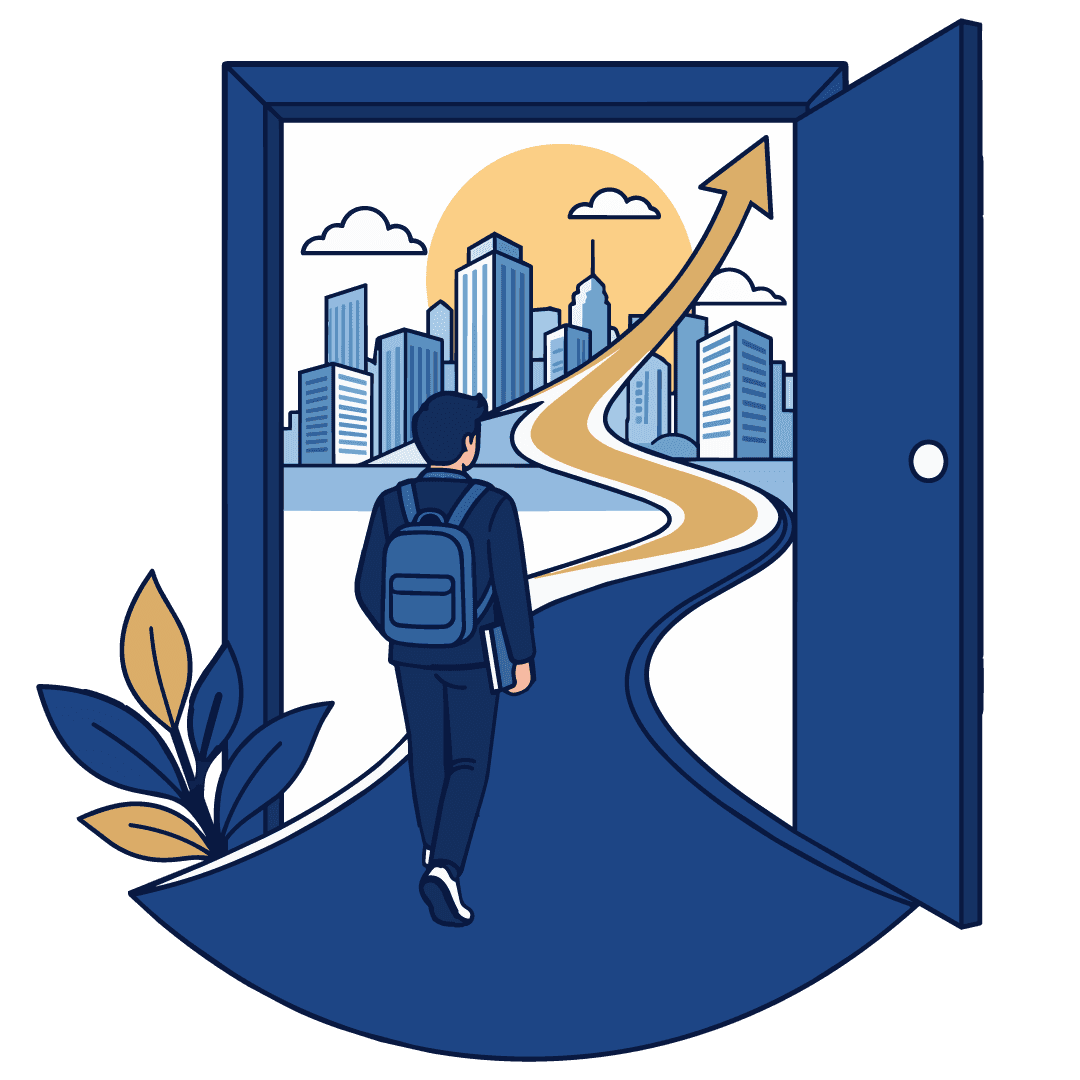 Illustration of a person stepping through a doorway toward a city skyline, symbolizing career growth with i-Aspire